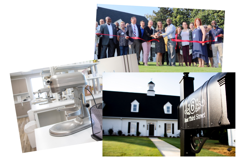 Photo collage of the Culinary Innovation Center interior, exterior, and ribbon cutting.