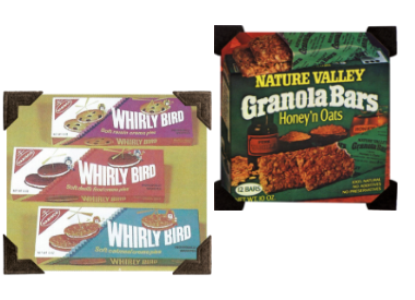 Early packaging examples of Southeastern Mills brands including Whirly Bird and Nature Valley Granola Bars